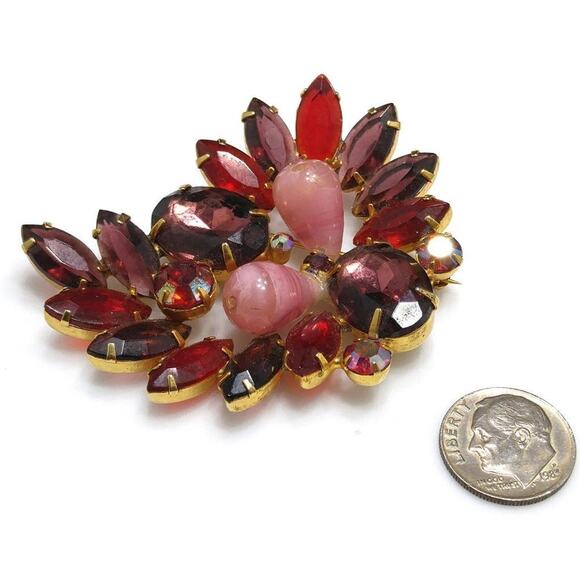 Vintage Purple Red Glass Rhinestone Brooch, Pink Lucite Beads, 2 1/4 Inches - Picture 7 of 8